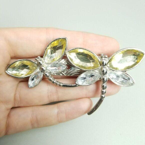 Vintage Rhinestone Dragonfly Pair Hair Clip, Silver Tone and Yellow, Estate - Picture 1 of 6